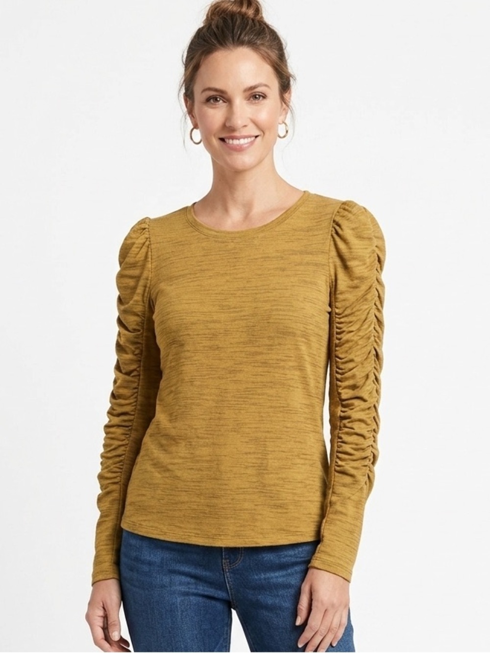 House of Harlow 1960 Mustard Ruched-Sleeve Long Sleeve top Large